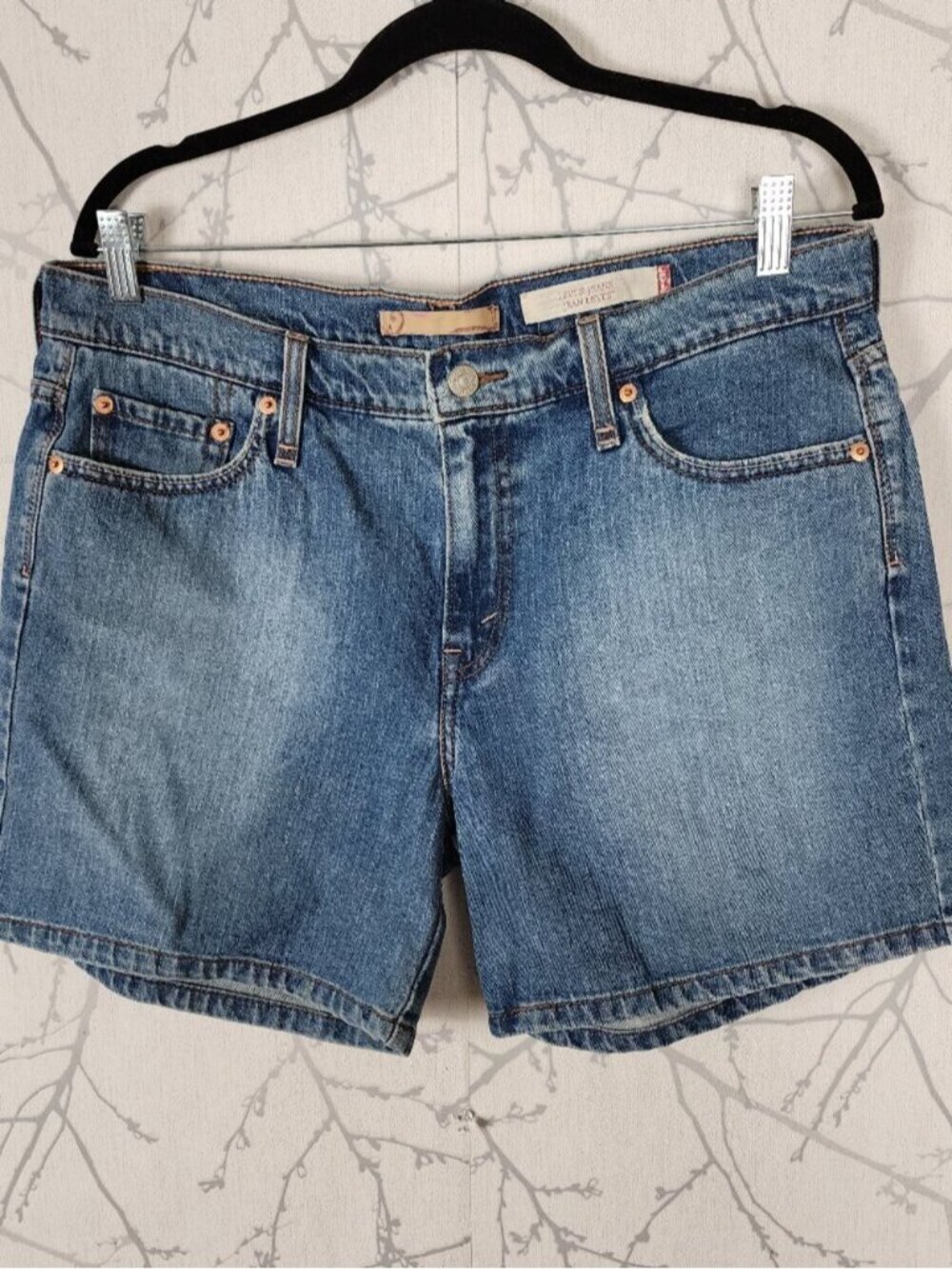 Levi's Medium Wash Stretch Denim High Rise Midi Shorts